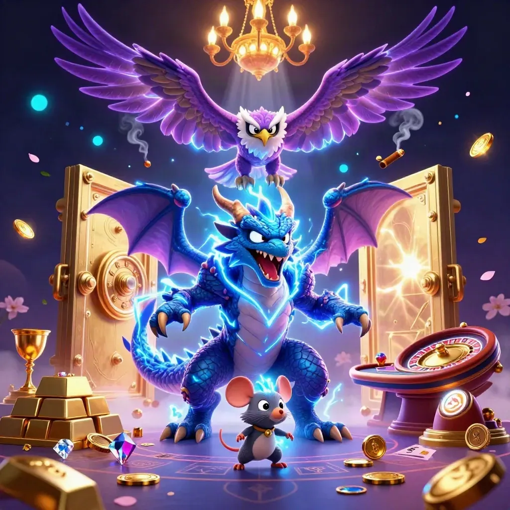 Thunder dragon, wind hawk, and mouse amid a glowing gold vault in a neon casino room.