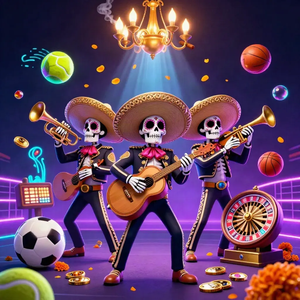 Three skeleton mariachi performers amid neon casino and sports symbols in a cinematic dark glow.