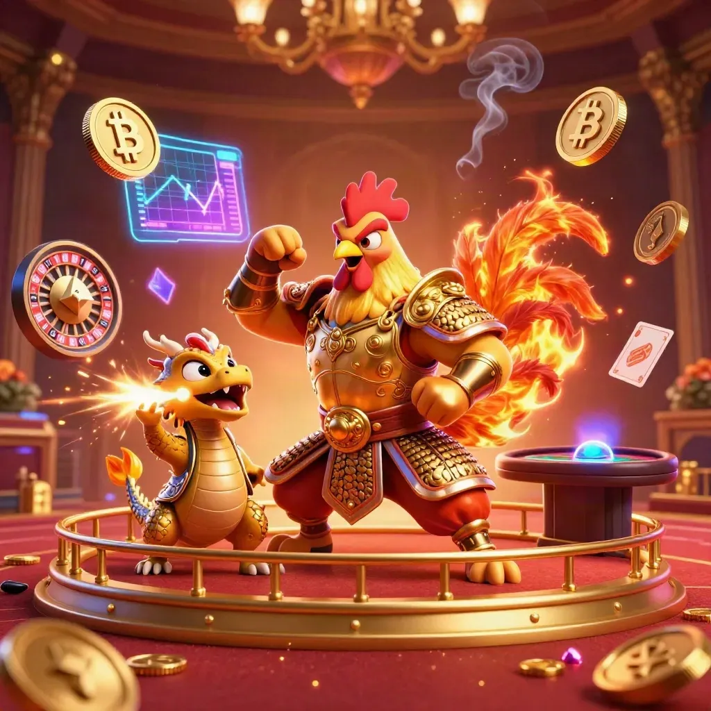 Rooster warrior, dragon hatchling, and fortune-cat in neon casino key art with glowing coins and sparks.