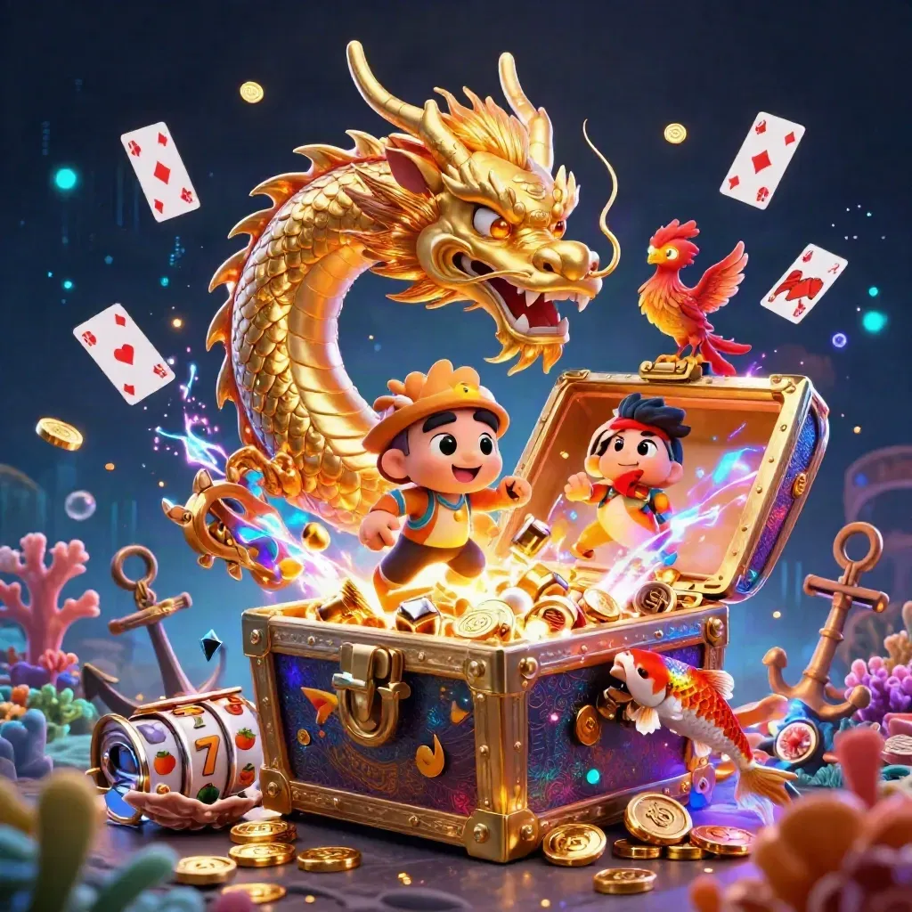 Golden dragon, phoenix, and koi erupt from a treasure chest in neon casino splash art.