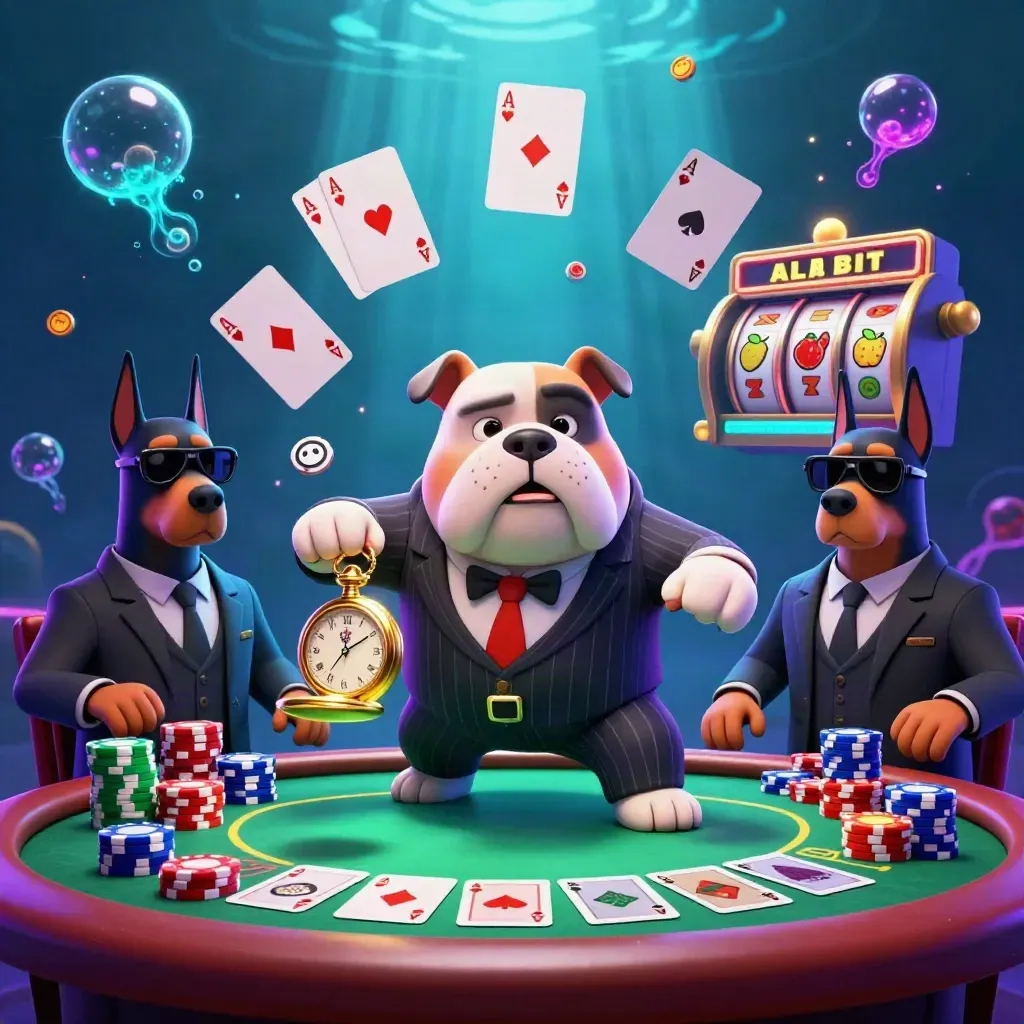 Mobster bulldog and Dobermans amid poker chips, cards, reels, and underwater neon glow.