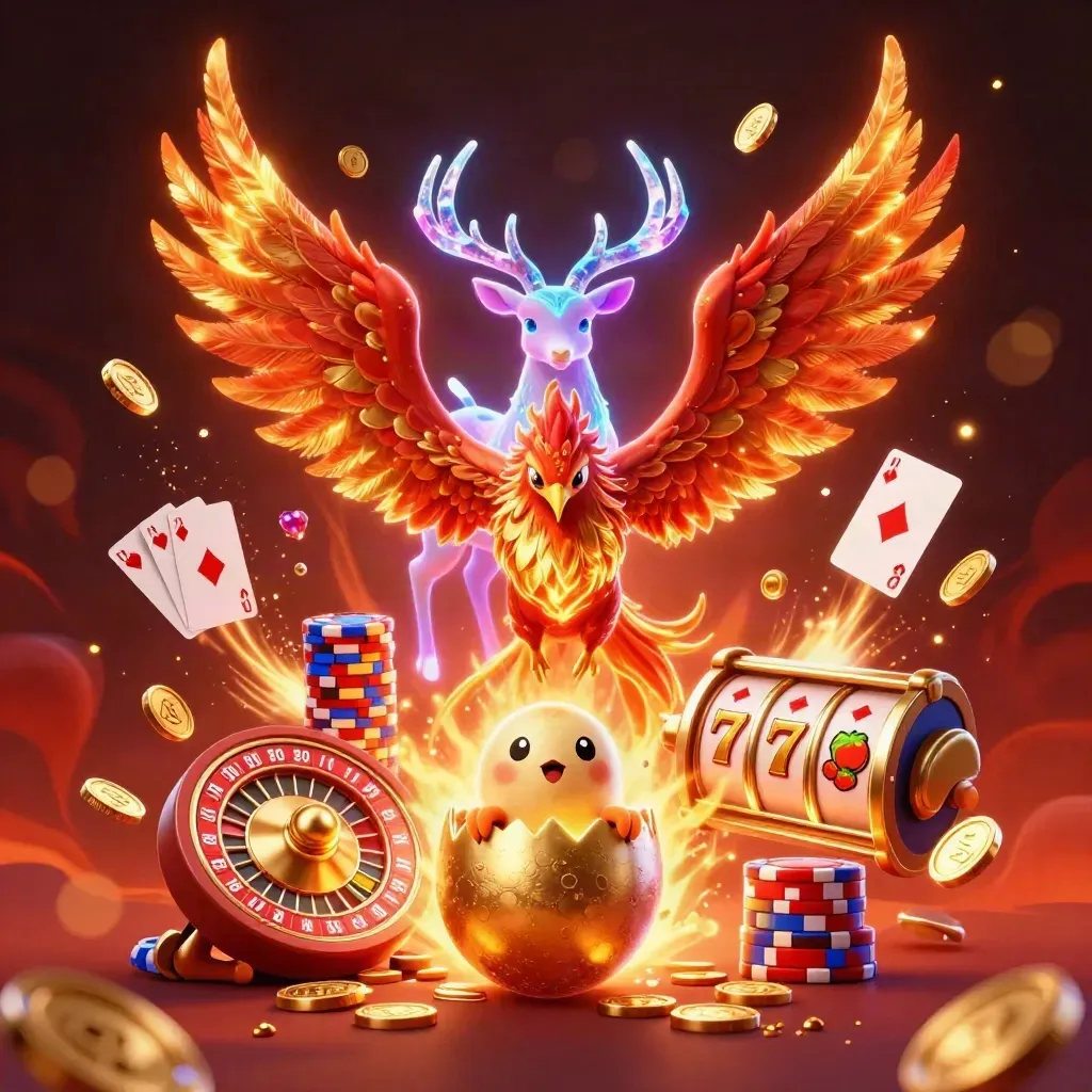 Fire phoenix, hatching baby phoenix, and crystal-antler stag amid coins, gems, cards, chips.