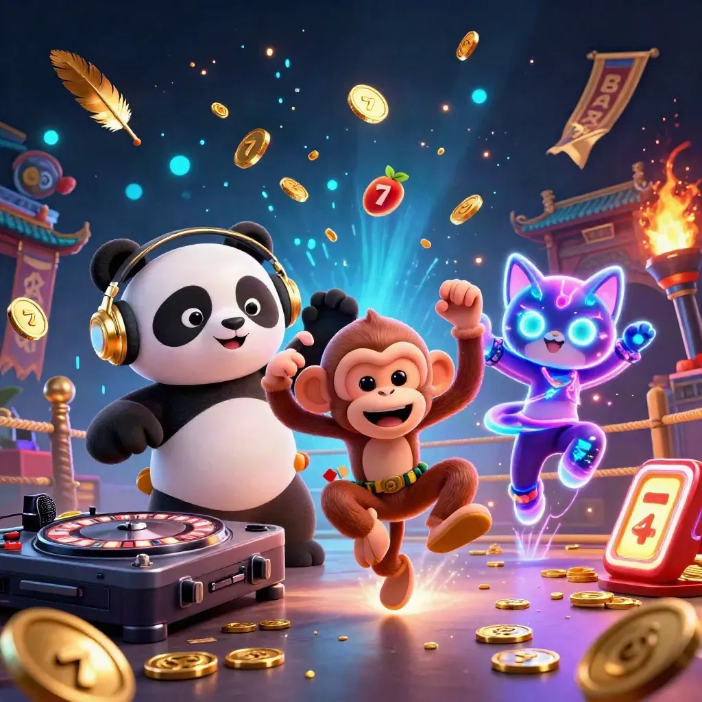 DJ panda, breakdancing monkey, and glow-stick kitten blasting through a neon casino temple scene.