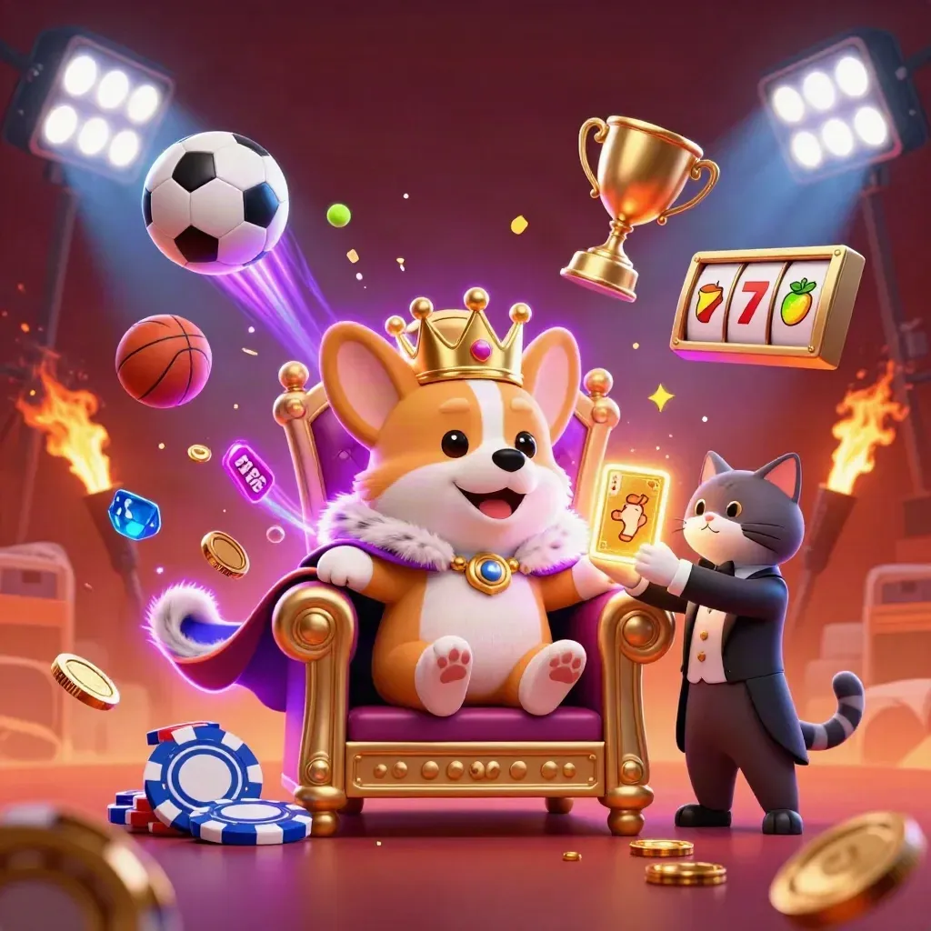 Royal corgi king and cat butler amid flying sports balls, coins, trophy and neon casino effects.