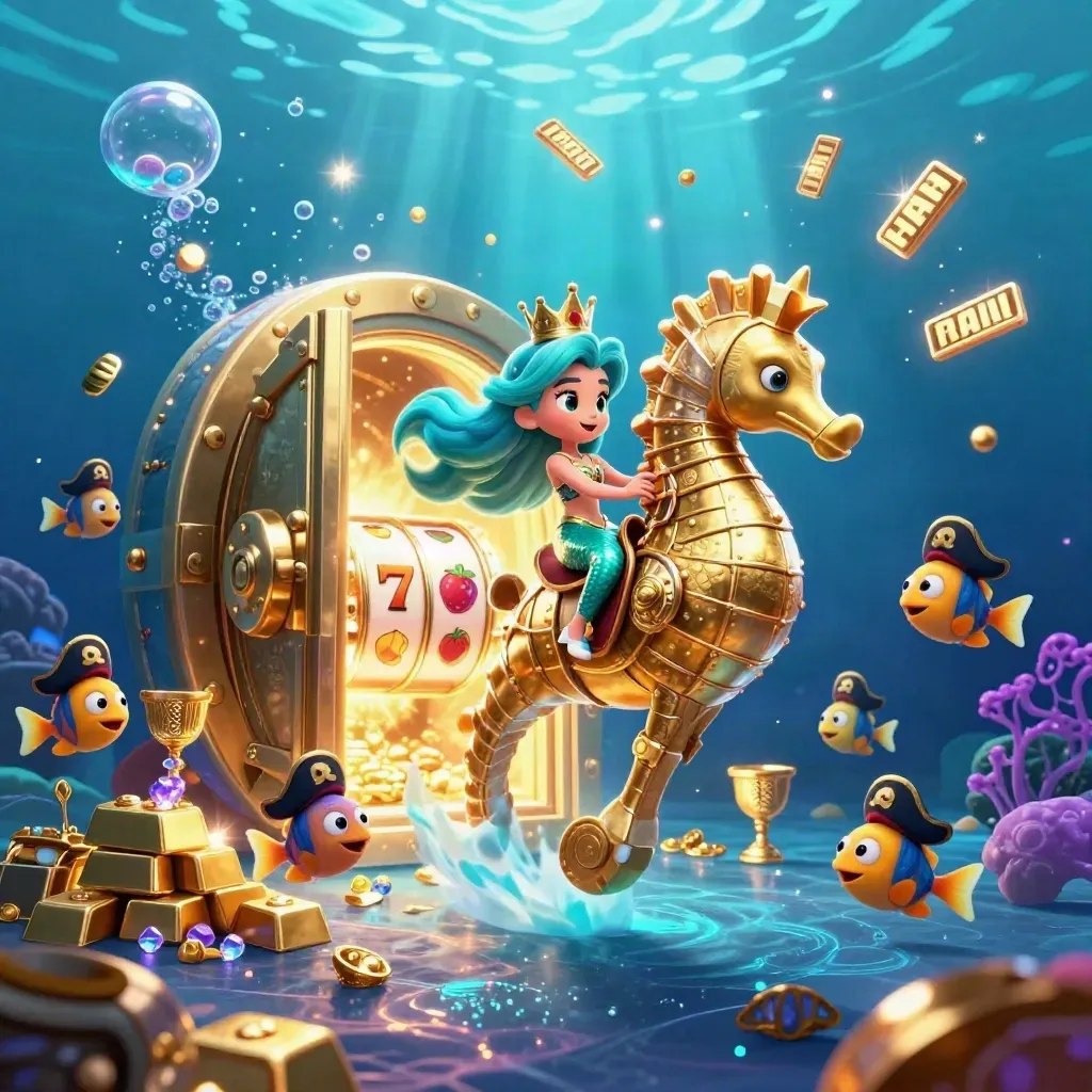 Mermaid princess on armored seahorse amid treasure burst, fish pirates, vault door, gems, neon underwater glow.