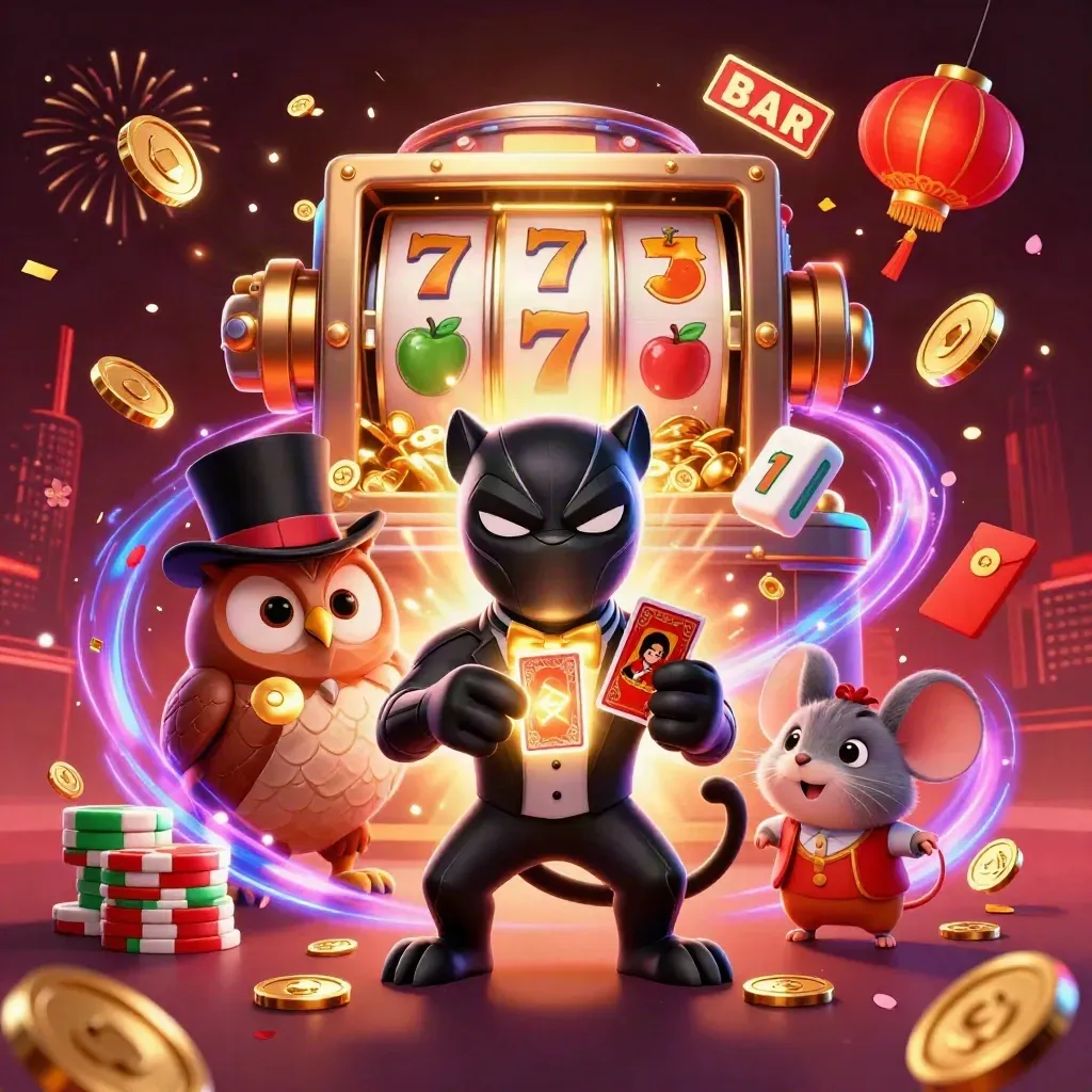 Panther, owl, and mouse amid vault coins, lanterns, fireworks, and slot symbols.