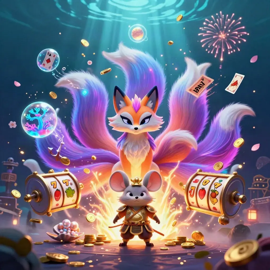 Neon fox spirit and golden mouse amid treasure coins, coral, reels, and underwater fireworks