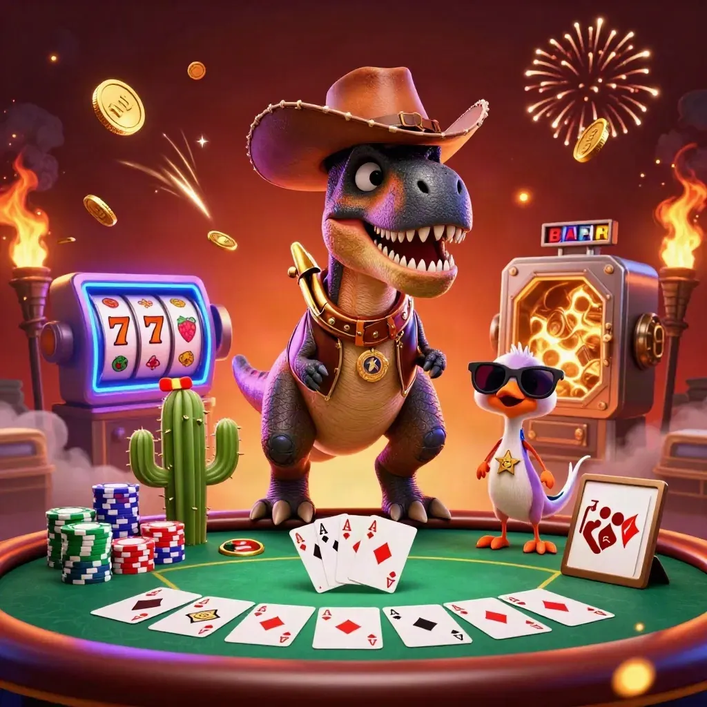 Cowboy T-Rex, cactus sidekick, and sheriff roadrunner amid coins, chips, reels, and fireworks.