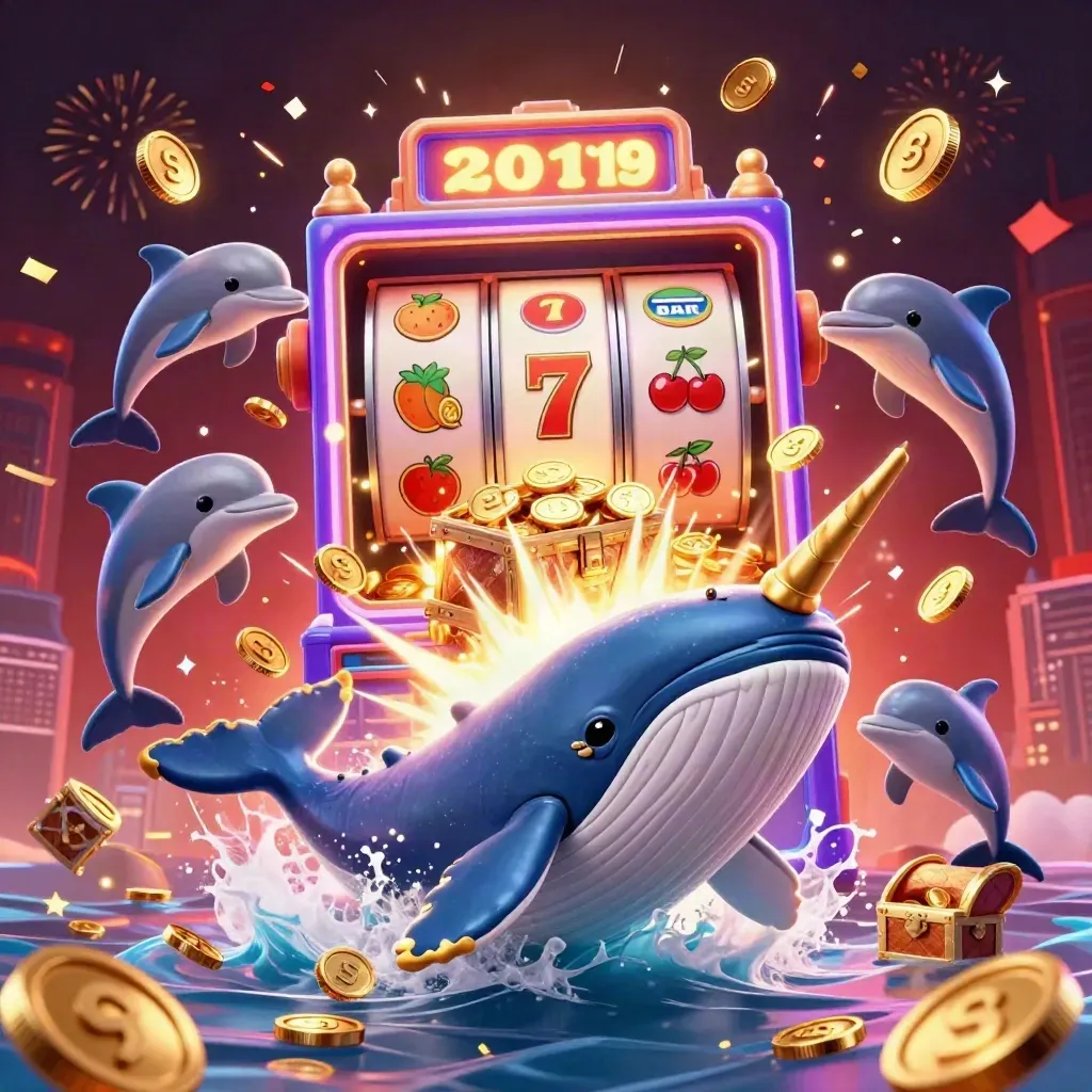 Whale captain, narwhal, dolphins, coins, slot machine burst, fireworks, neon casino key art