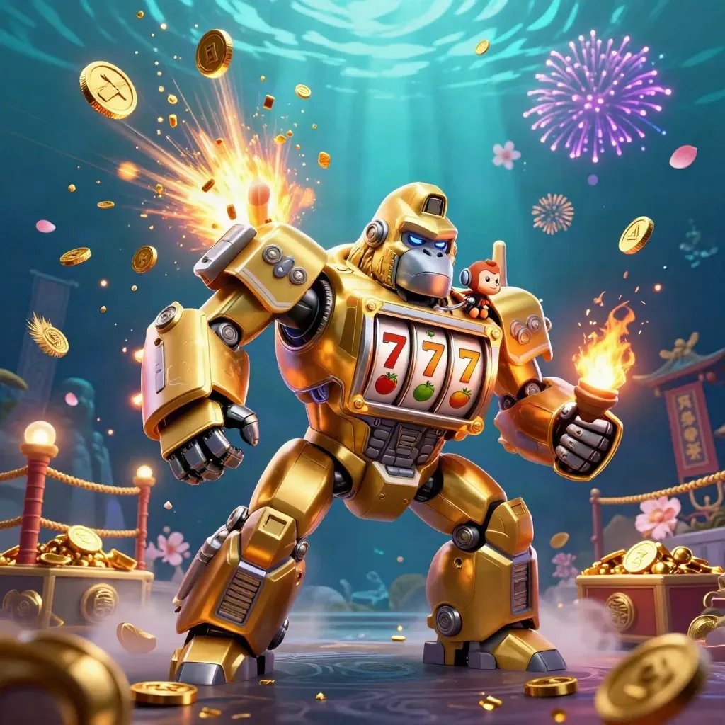 Golden gorilla mech and monkey pilot burst through coins, fireworks, and temple relics in neon casino style.