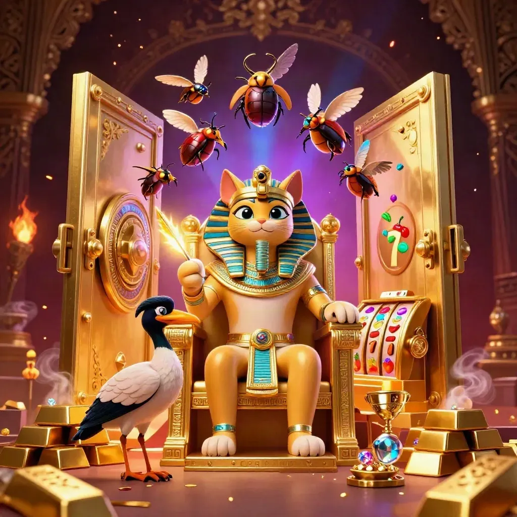 Pharaoh cat, ibis scribe and scarabs amid open vault, gold, and neon casino glow.
