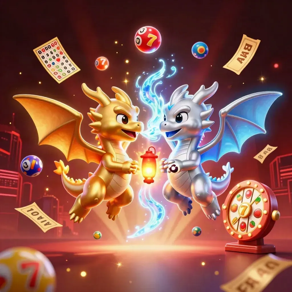 Twin gold and silver dragons spiral through fire and ice amid casino symbols and neon light.