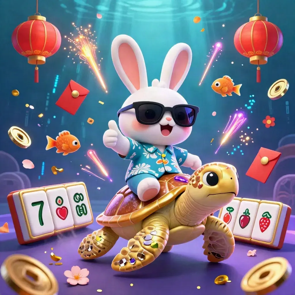 Lucky rabbit on a gold turtle amid slot symbols, lanterns, coins and neon underwater glow