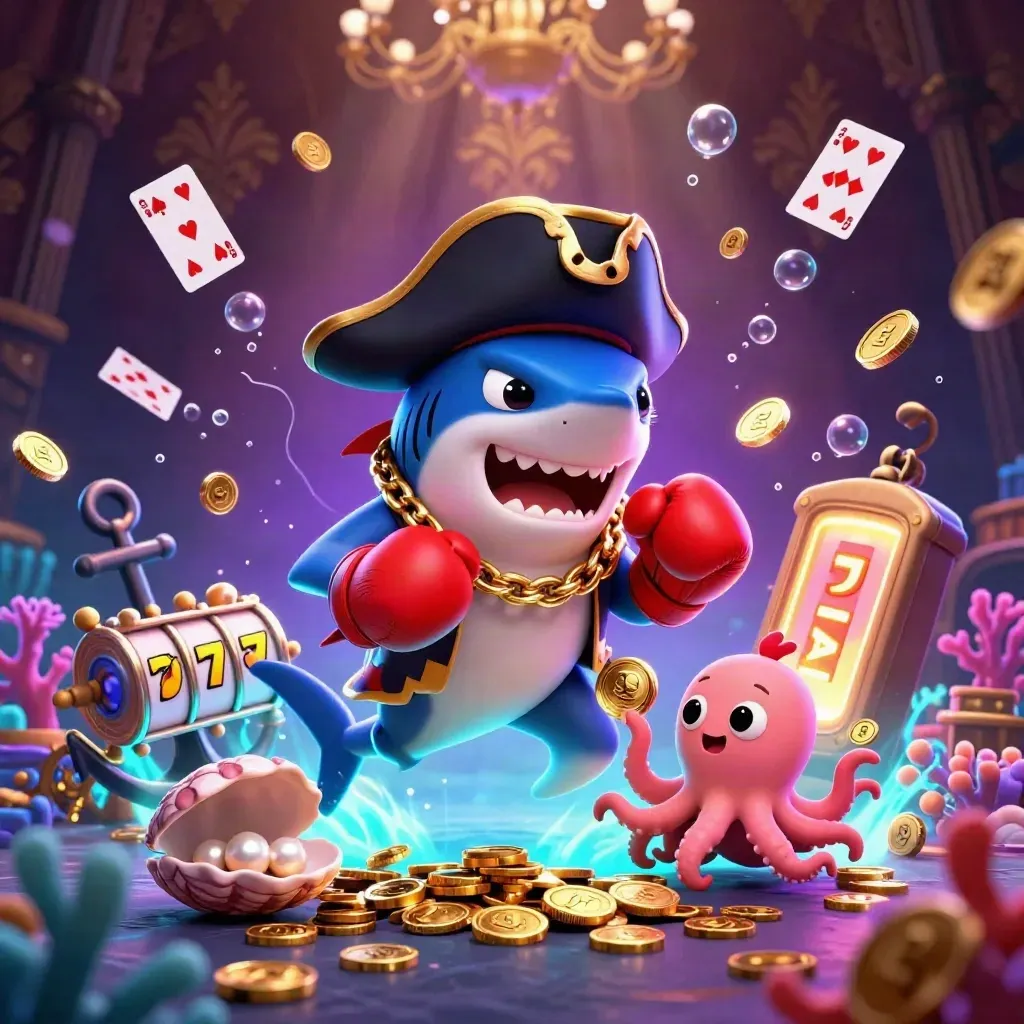 Shark pirate, pufferfish, and octopus in a neon underwater casino scene with coins and reels