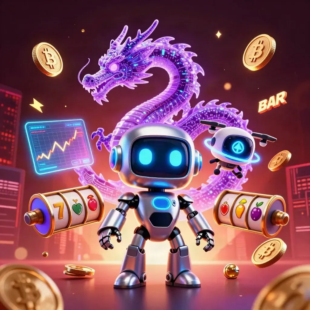 Cyberpunk robot, holographic dragon, and coin drone amid casino coins and neon effects