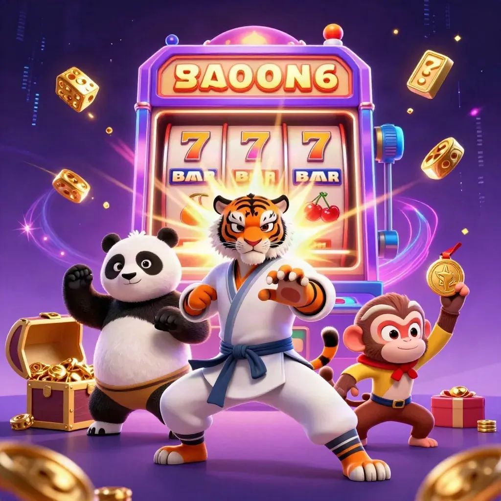 Kung-fu tiger, panda, and monkey around exploding slot reels and neon jackpot gold