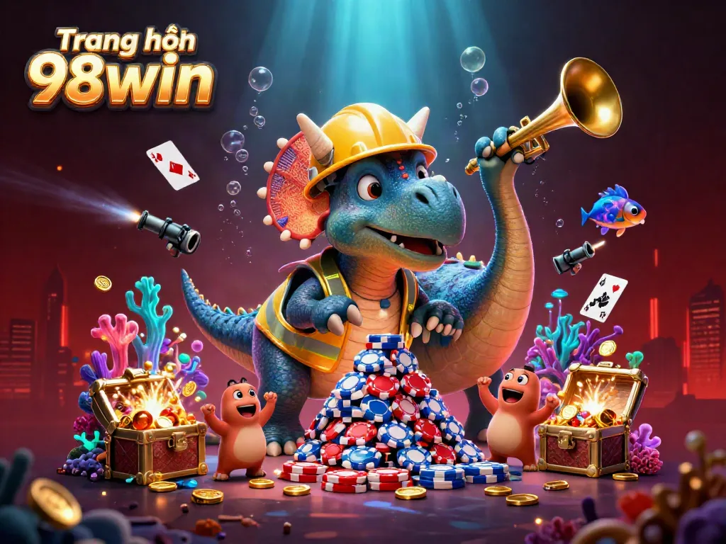 Experience the excitement of Trang chủ 98win with cheerful dinosaurs celebrating winning poker games.