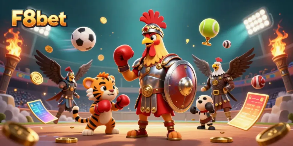 Engage in thrilling F8bet gaming with a 3D gladiator rooster, tiger cub, and eagle in an exciting colosseum scene.