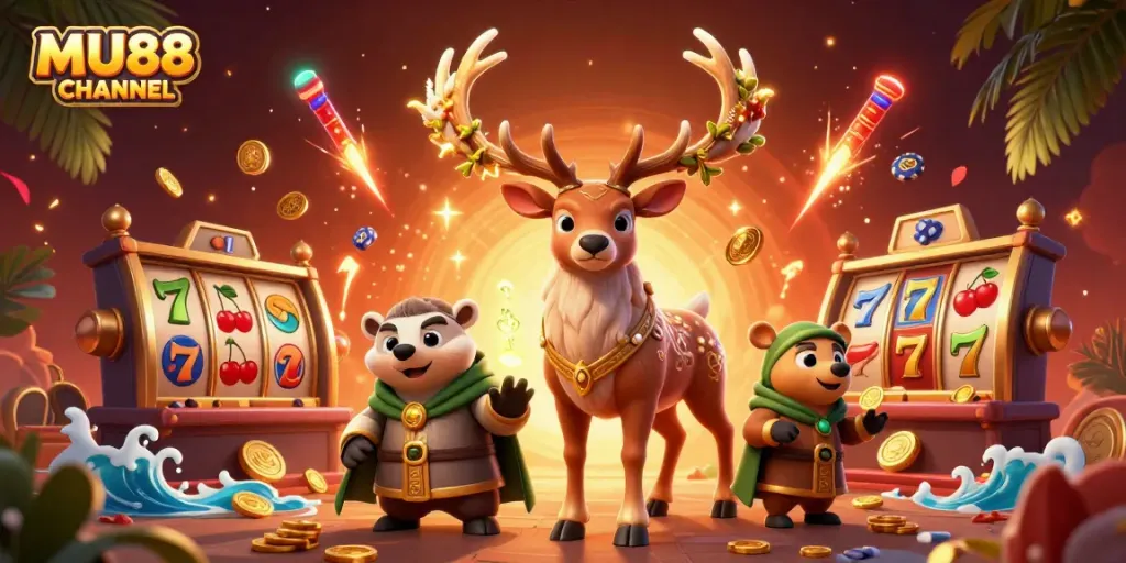 Experience excitement at MU88 CHANNEL with vibrant slot machines and winning symbols.