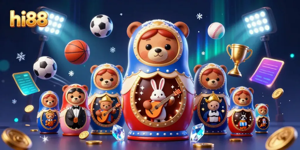 hi88 showcases a vibrant 3D casino scene with cartoon characters and dynamic gaming elements.