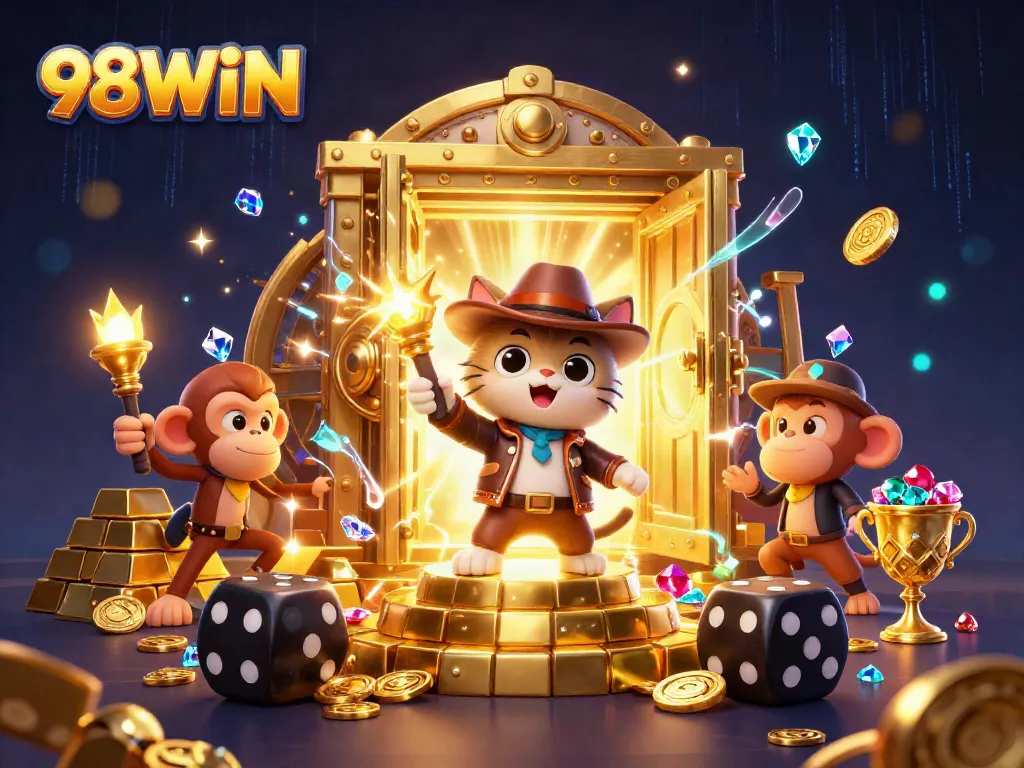 Explore thrilling wins at 98WIN with an adventurous cat and monkey discovering casino treasures.