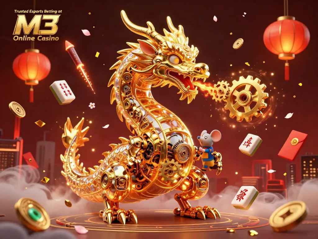 Engage in Trusted Esports Betting at M3 Online Casino with a vibrant 3D dragon illustration surrounded by dynamic casino elements.