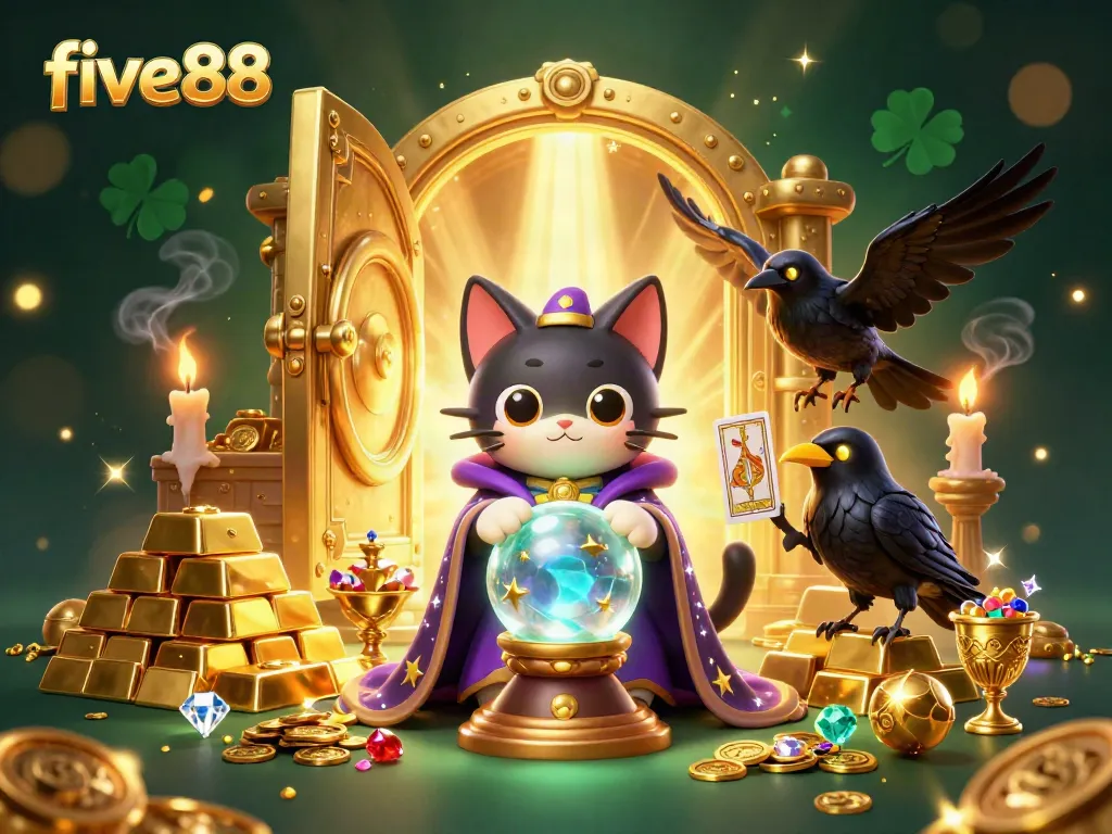 Experience thrilling rewards at five88 with a mystical cat and raven in a vibrant casino scene.