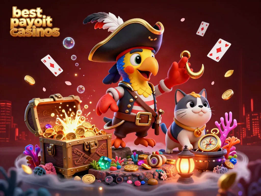Experience top excitement at the best payout casinos with vibrant characters, treasure, and glowing elements.