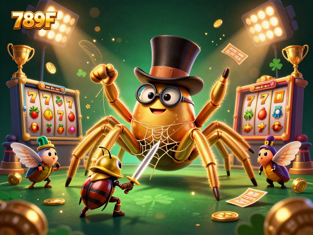 789F captivates players with a vibrant scene featuring a giant tarantula amidst slot reels and trophies.