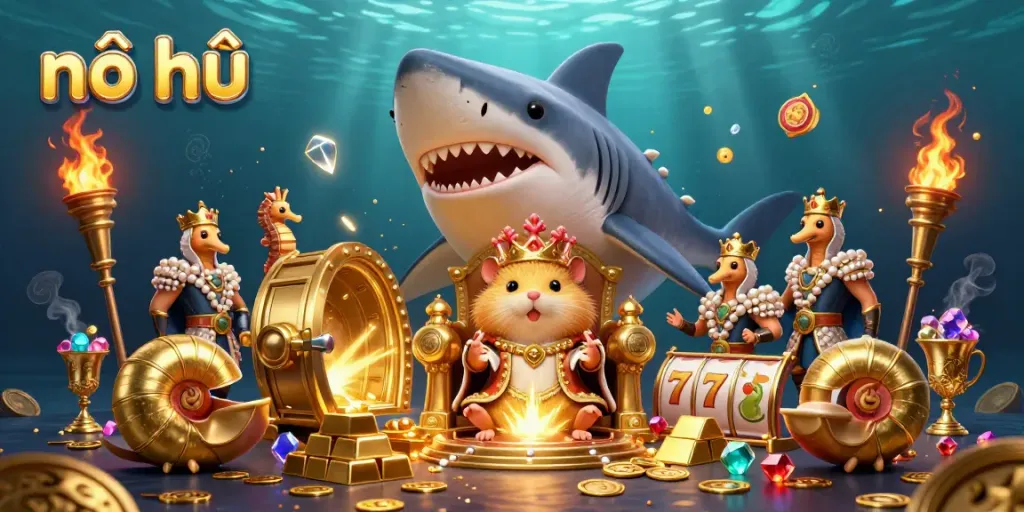 Experience the excitement of nổ hũ with a dynamic illustration of a hamster king in his treasure-filled kingdom.