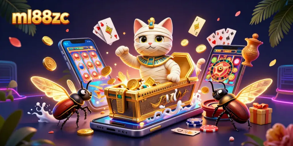 Spin to win at ml88zc with a winning Egyptian-themed casino adventure featuring colorful slot games and treasures.
