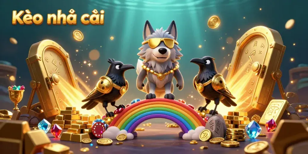 The vibrant Kèo nhà cái scene spotlights a heroic Odin wolf and ravens amidst a dynamic casino chip bridge.