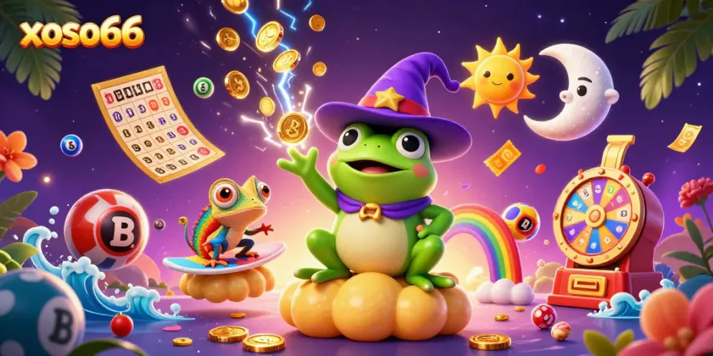 Xoso66 unleashes a magical storm of golden coins in an enchanting lottery scene with vivid characters.