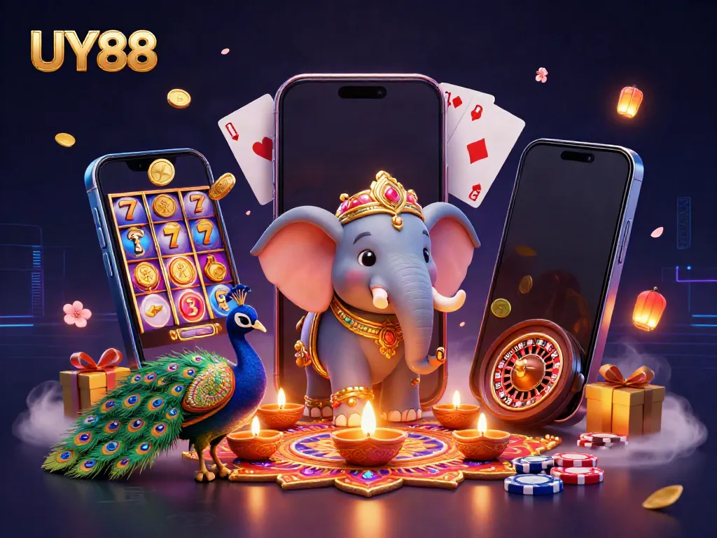 Experience winning moments with UY88 in a vibrant casino setting featuring an elephant and peacock.