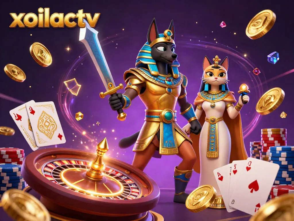 Experience immersive gaming with xoilactv, featuring Anubis and the sacred Bastet in a vibrant sports betting scene.