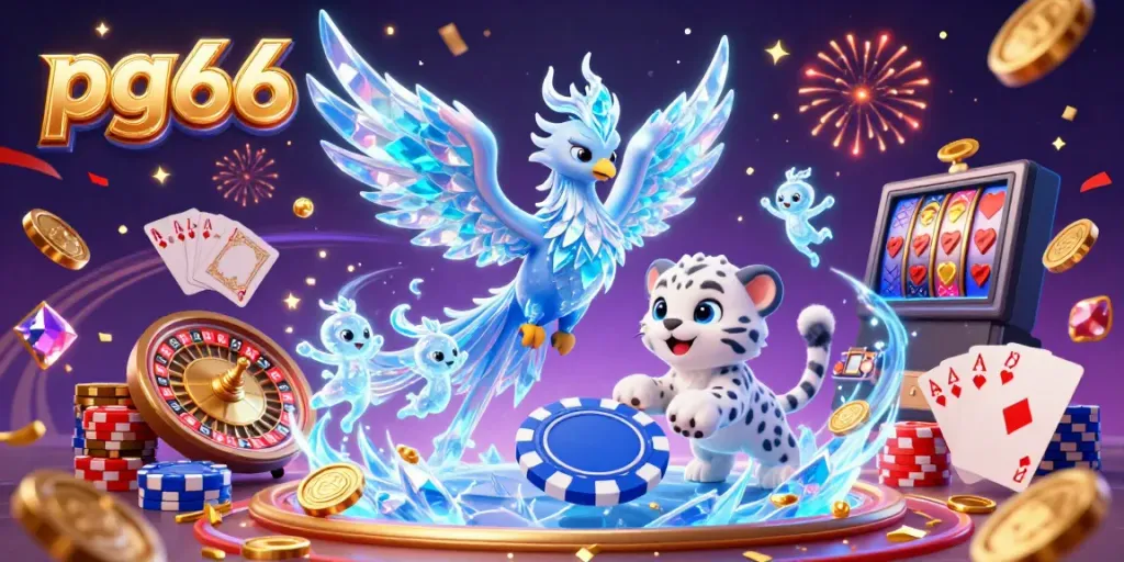 Experience high-energy gameplay at pg66 with an enchanting illustration of an ice phoenix, poker elements, and a dazzling casino atmosphere.