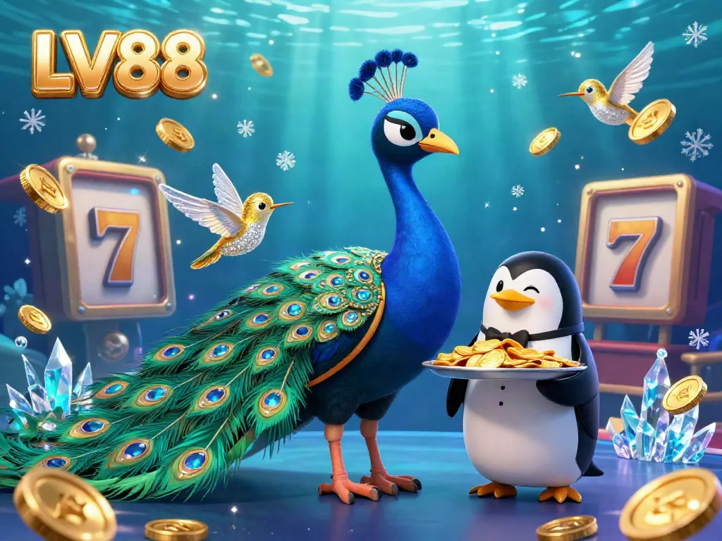 Experience vibrant casino action with LV88, showcasing a lavish peacock and golden chips amidst exciting slot game elements.
