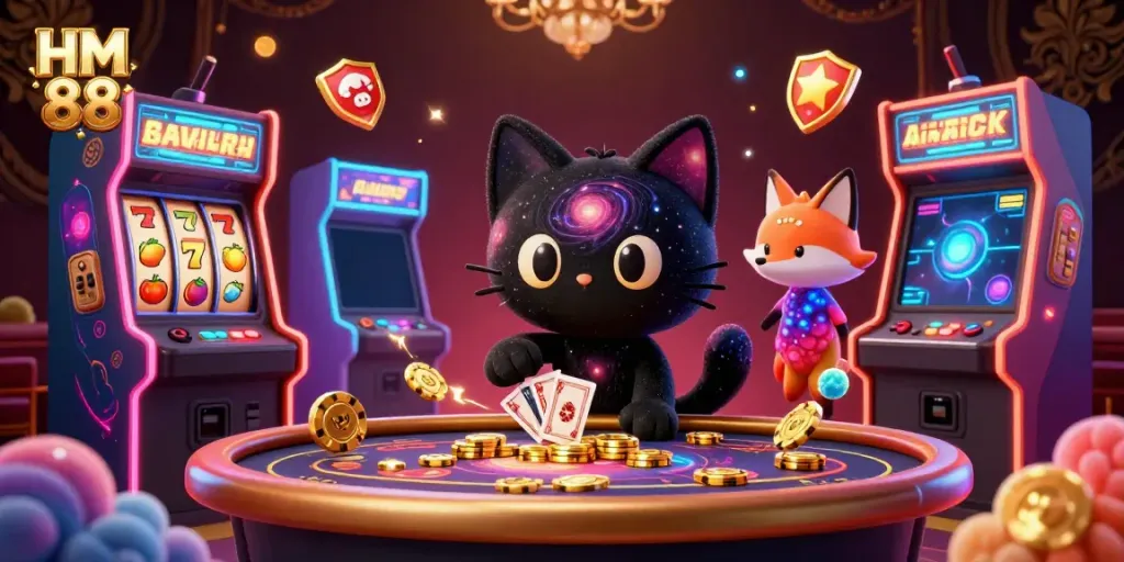 HM 88 black hole cat at a cosmic casino, pulling in golden chips and cards.