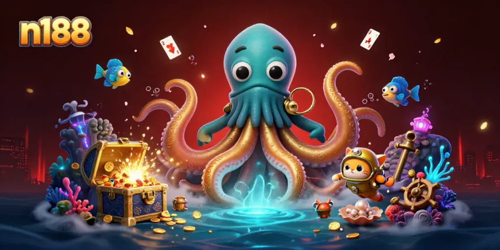Experience thrilling gaming with n188 featuring a kraken, diving cat, and vibrant treasures.