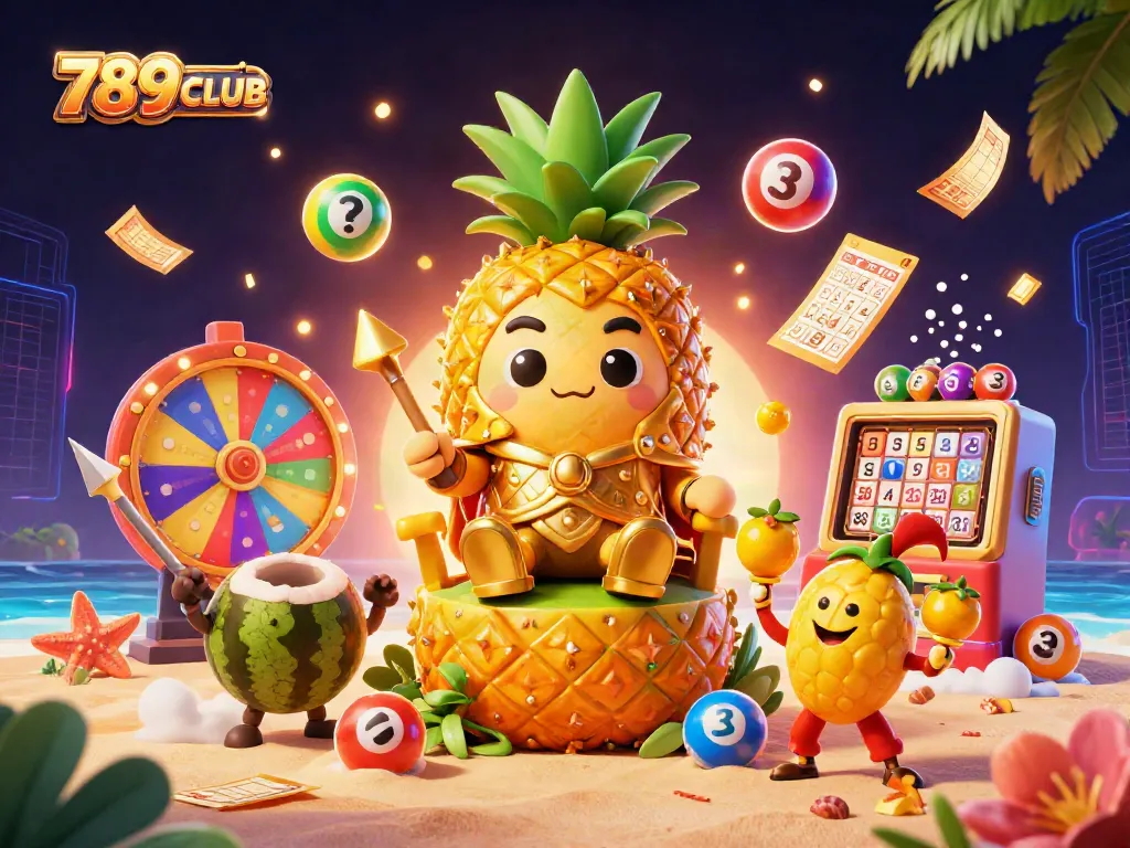 Play dynamic games at 789CLUB with a vibrant casino scene featuring a golden pineapple king and lively elements.