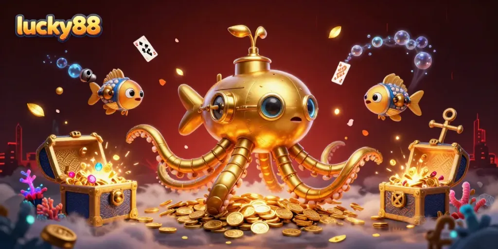 Experience thrilling moments in lucky88 with a vibrant 3D cartoon scene filled with gold coins and game elements.