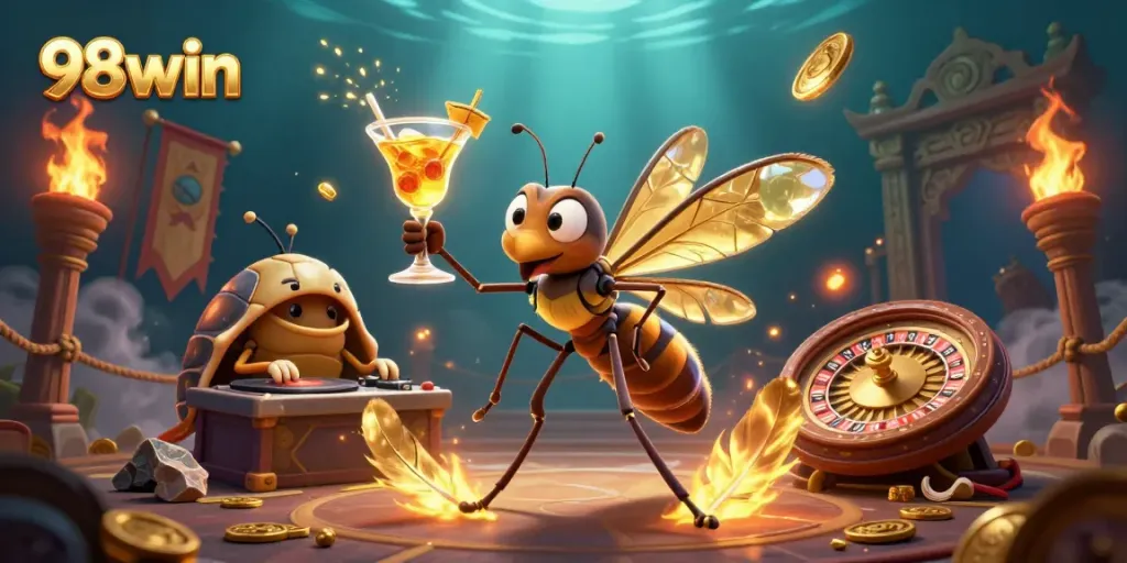 Experience the thrill of gaming at 98win with an energetic casino scene featuring unique characters and vibrant elements.