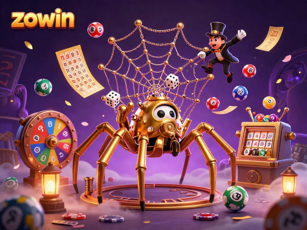 Zowin attracts players with a vibrant 3D casino scene filled with golden spider webs, jackpot elements, and colorful lottery balls.