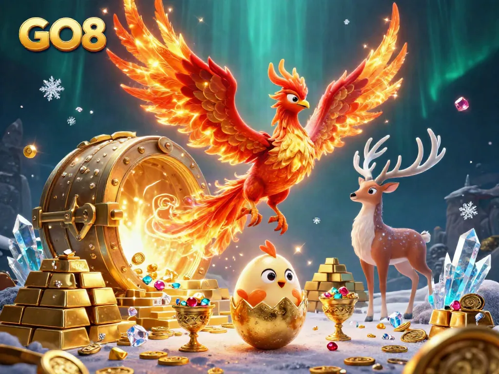 Experience the thrill of GO8 as a phoenix rises with gold treasures in a vibrant casino scene.