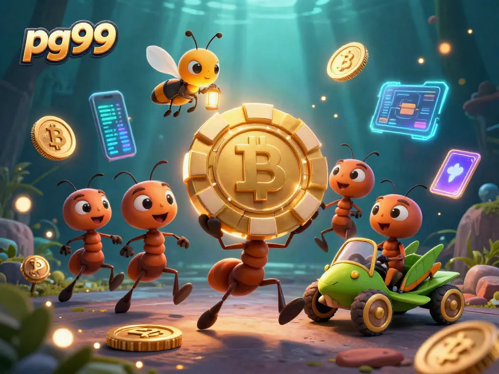 Join the vibrant world of pg99 as ants pull off a casino heist amidst digital gold coins and crypto treasures.