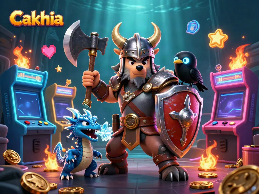 Cakhia digital illustration features a Viking wolf warrior with a dragon and glowing raven, surrounded by colorful arcade elements.