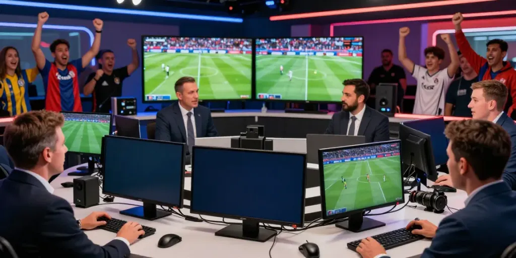 CakhiaTV sports commentators passionately delivering live football coverage in a vibrant studio.