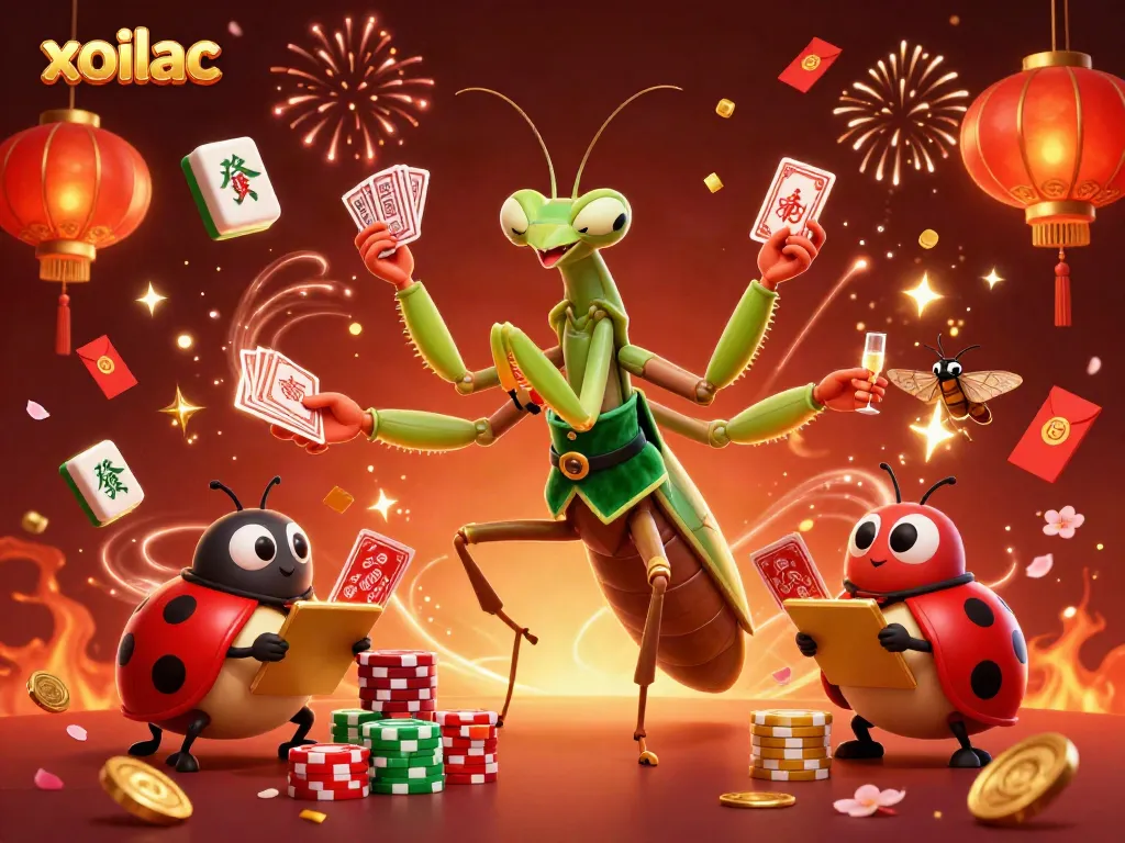Xoilac celebrates with a 3D mantis card sharp and ladybug pit boss amidst festive casino symbols.