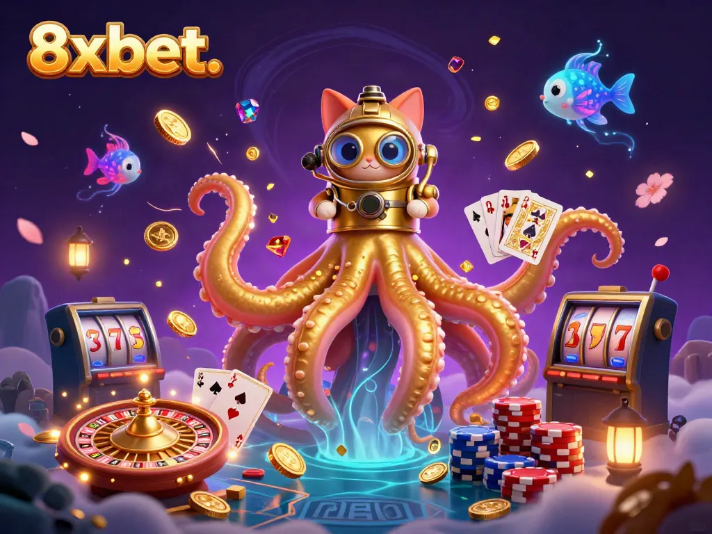 Experience the thrill of 8xbet. with a vibrant scene featuring a colossal kraken and diving cat amidst cascading coins and gaming excitement.