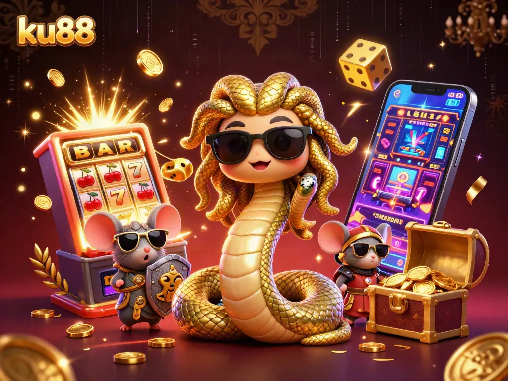 Play vibrant casino games with ku88 featuring a dynamic scene of characters and exciting elements.